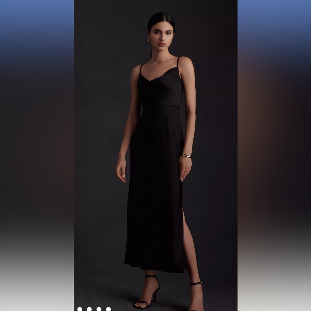 BHLDN Cali Satin Cowl-Neck Midi Slip Dress in Black